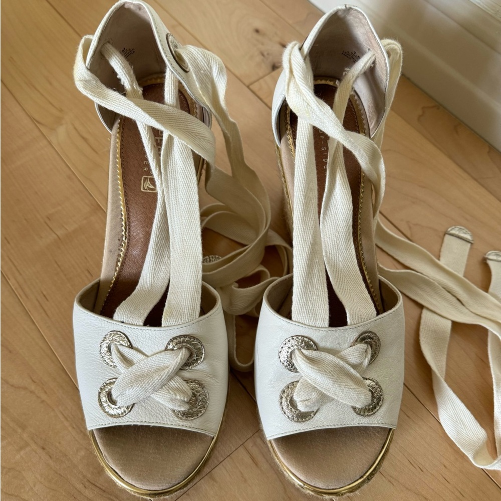 Sperry White and Gold Lace Up Espadrille Wedge